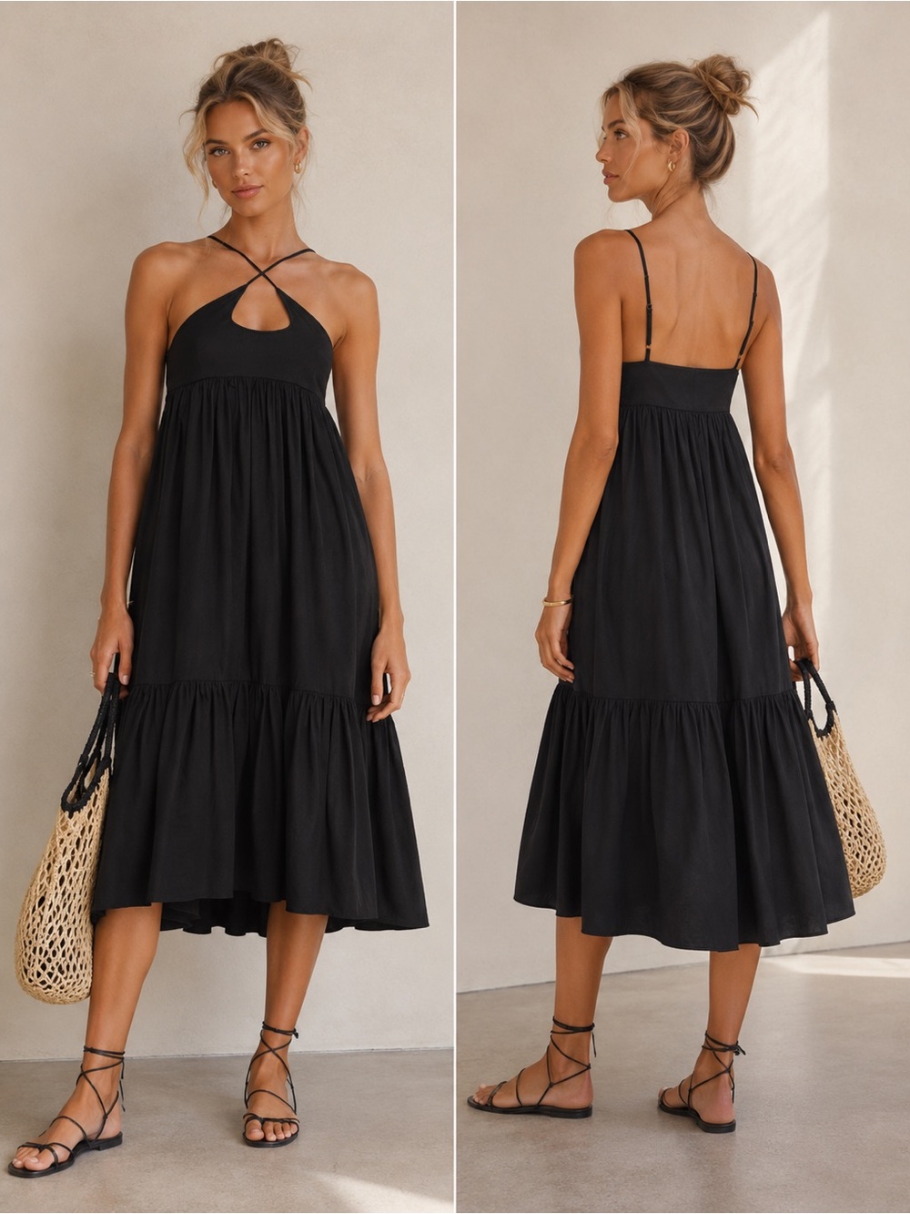 NEW! Matthew Bruch Cross Strap Cutout Midi Dress Black Poplin Size 3 (M)